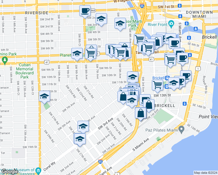 map of restaurants, bars, coffee shops, grocery stores, and more near 524 Southwest 18th Terrace in Miami