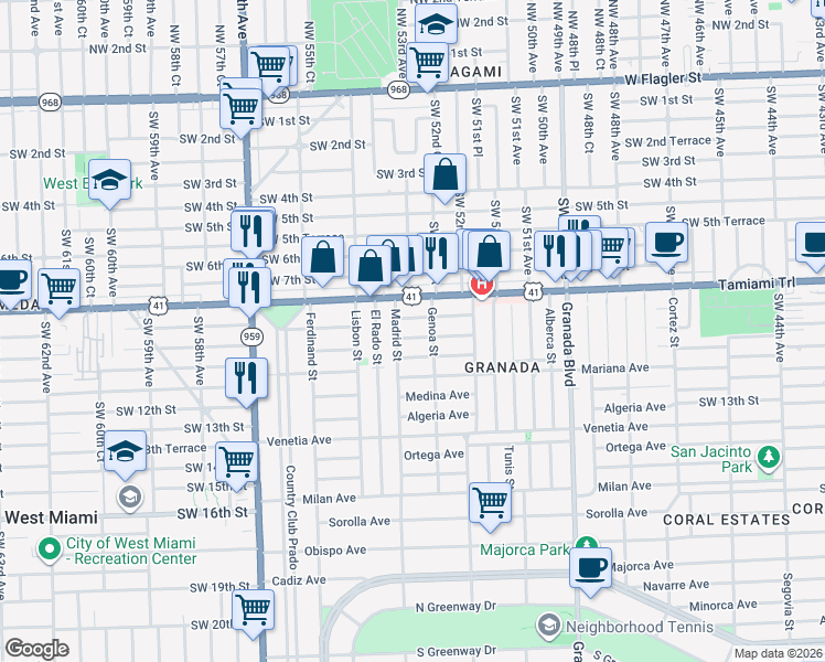 map of restaurants, bars, coffee shops, grocery stores, and more near 1255 Aguila Avenue in Coral Gables