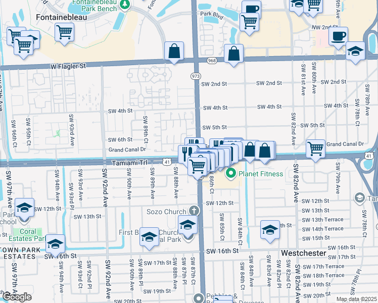 map of restaurants, bars, coffee shops, grocery stores, and more near 629 Southwest 87th Place in Miami
