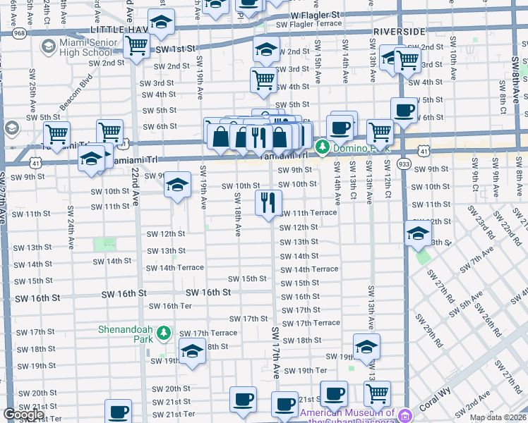 map of restaurants, bars, coffee shops, grocery stores, and more near 1721 Southwest 11th Terrace in Miami