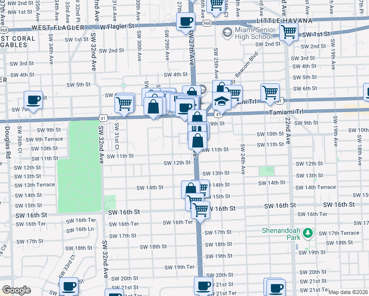 map of restaurants, bars, coffee shops, grocery stores, and more near 2750 Southwest 10th Terrace in Miami