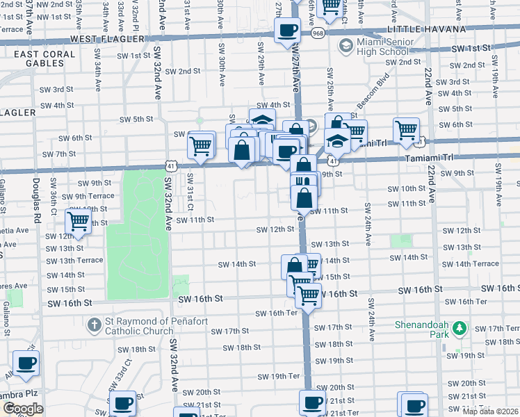 map of restaurants, bars, coffee shops, grocery stores, and more near 1052 Southwest 29th Avenue in Miami