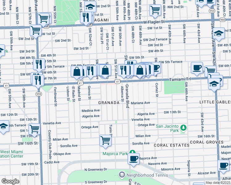 map of restaurants, bars, coffee shops, grocery stores, and more near 840 Granada Groves Court in Coral Gables