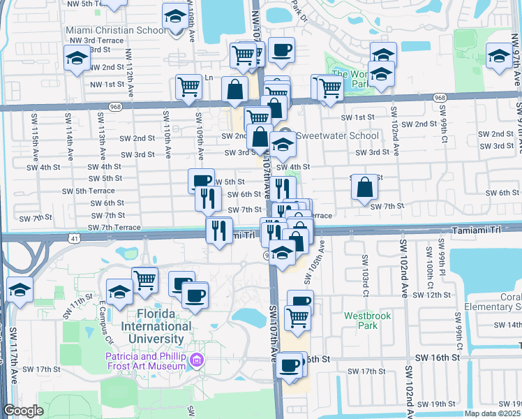 map of restaurants, bars, coffee shops, grocery stores, and more near 10704 Southwest 7th Street in Miami