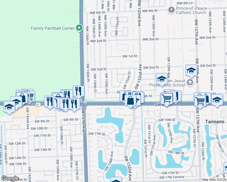 map of restaurants, bars, coffee shops, grocery stores, and more near 13381 Southwest 5th Street in Miami