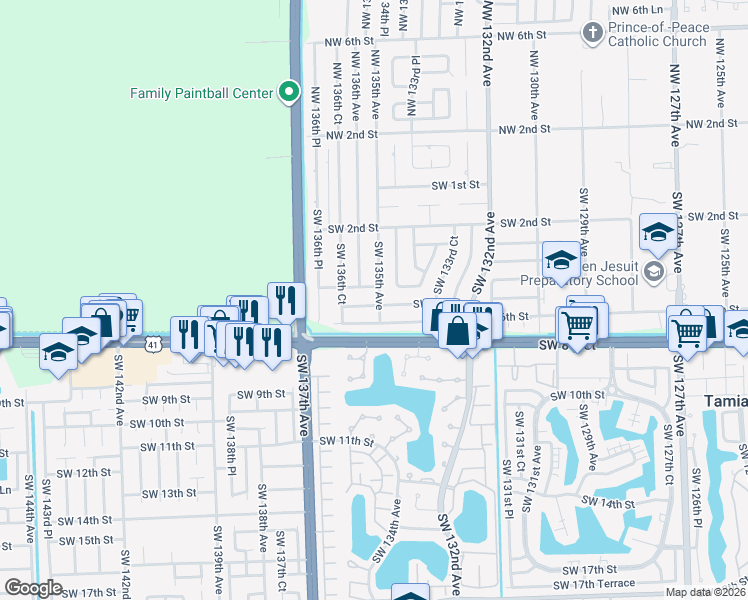 map of restaurants, bars, coffee shops, grocery stores, and more near 13471 Southwest 5th Street in Miami