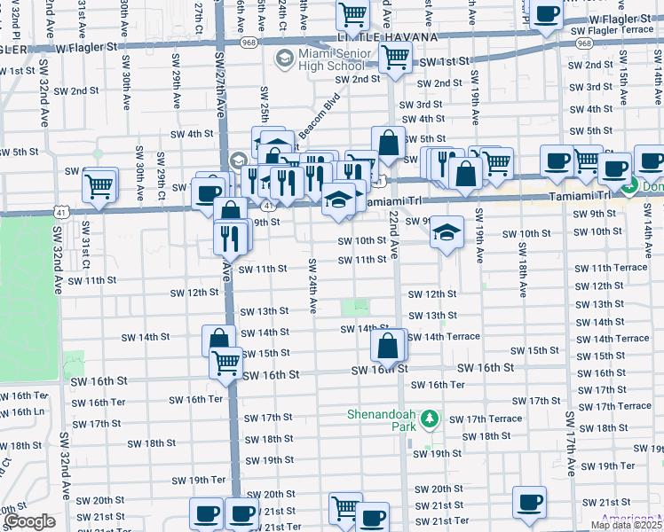 map of restaurants, bars, coffee shops, grocery stores, and more near 2340 Southwest 11th Street in Miami