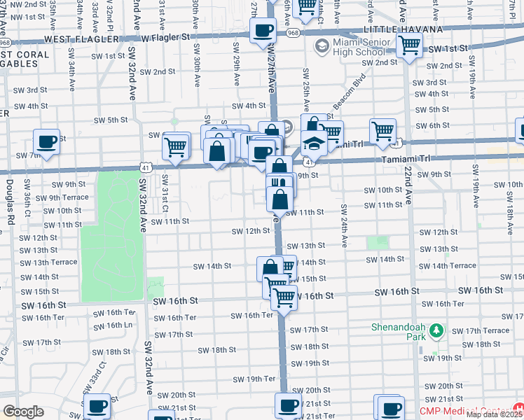 map of restaurants, bars, coffee shops, grocery stores, and more near 2750 Southwest 10th Terrace in Miami