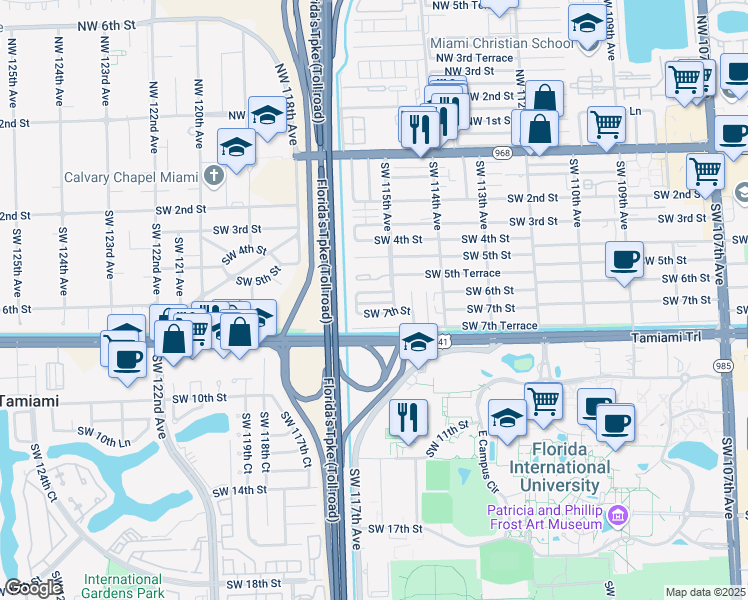 map of restaurants, bars, coffee shops, grocery stores, and more near 11545 Southwest 6th Terrace in Miami