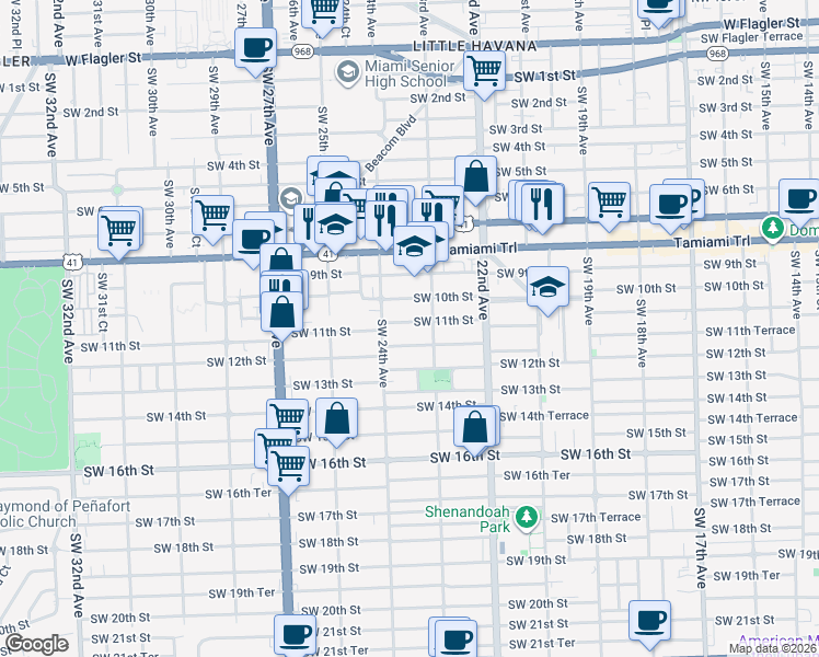 map of restaurants, bars, coffee shops, grocery stores, and more near 2340 Southwest 11th Street in Miami