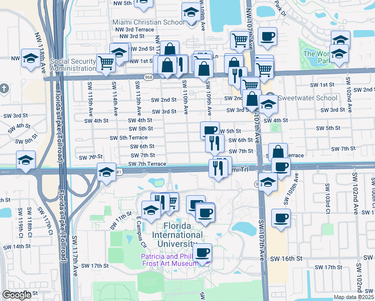 map of restaurants, bars, coffee shops, grocery stores, and more near 11003 Southwest 7th Street in Miami