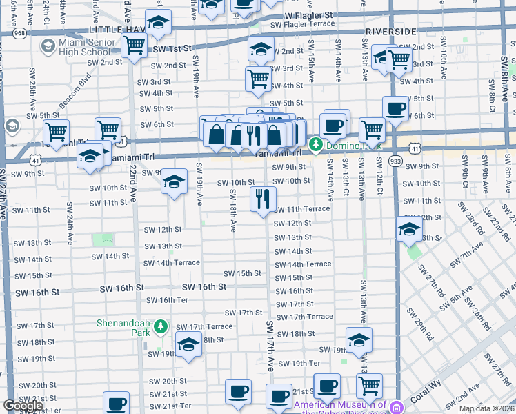 map of restaurants, bars, coffee shops, grocery stores, and more near 1721 Southwest 11th Terrace in Miami