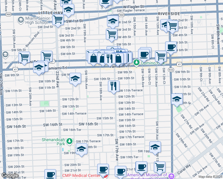 map of restaurants, bars, coffee shops, grocery stores, and more near 1721 Southwest 11th Terrace in Miami