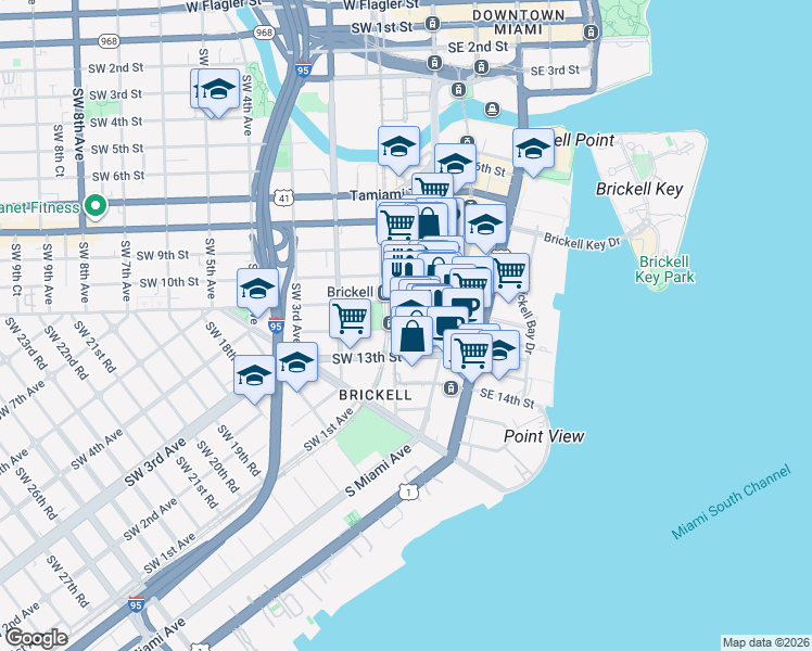 map of restaurants, bars, coffee shops, grocery stores, and more near 79 Southwest 12th Street in Miami