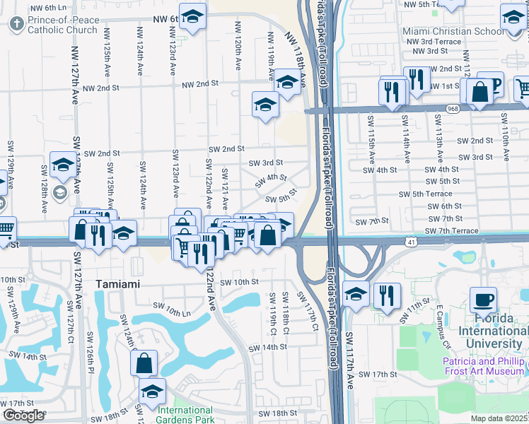 map of restaurants, bars, coffee shops, grocery stores, and more near 11925 Southwest 6th Street in Miami