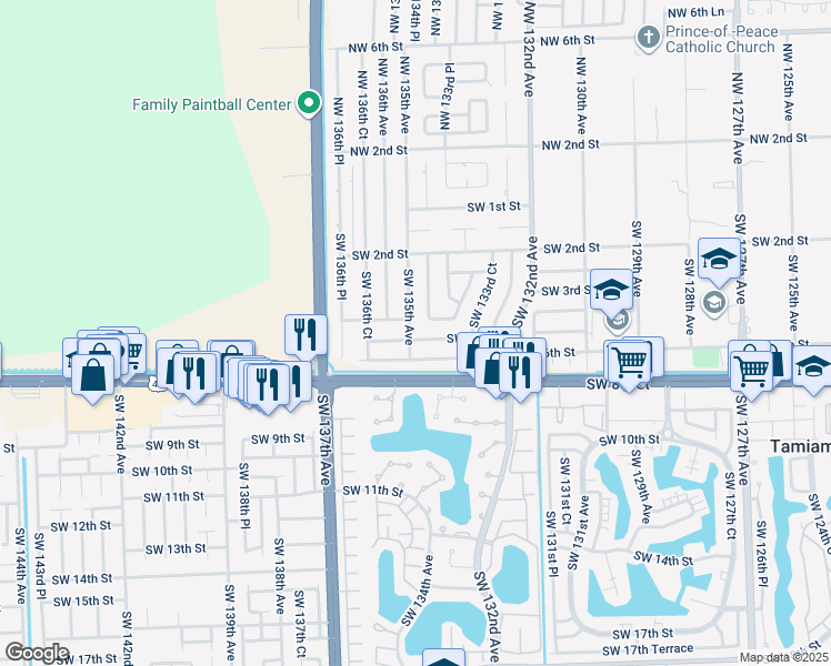 map of restaurants, bars, coffee shops, grocery stores, and more near 13471 Southwest 5th Street in Miami