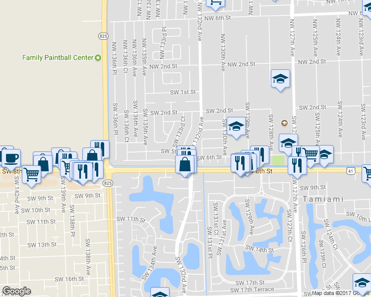 map of restaurants, bars, coffee shops, grocery stores, and more near 475 Southwest 133rd Avenue in Miami