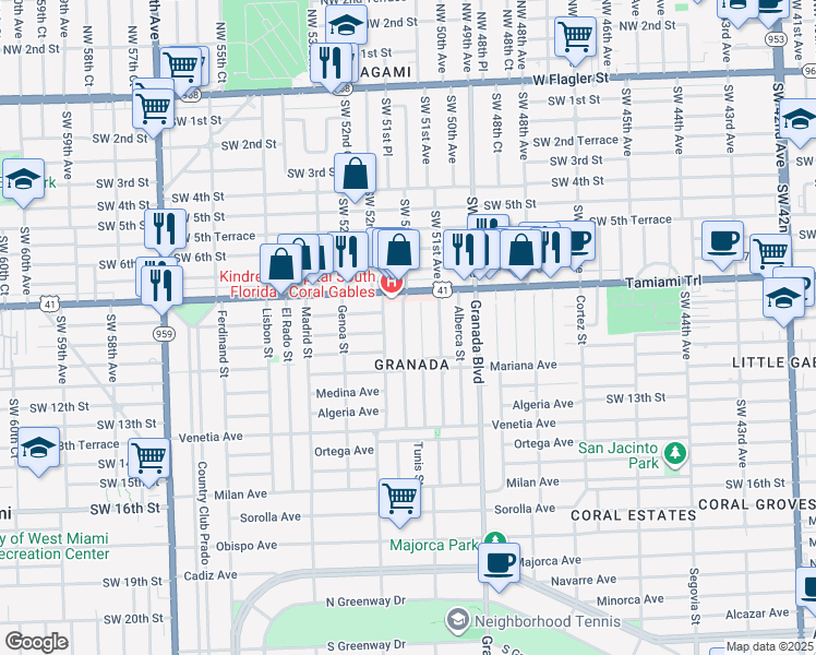 map of restaurants, bars, coffee shops, grocery stores, and more near 837 Tangier Street in Coral Gables