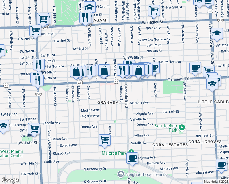 map of restaurants, bars, coffee shops, grocery stores, and more near 840 Granada Groves Court in Coral Gables