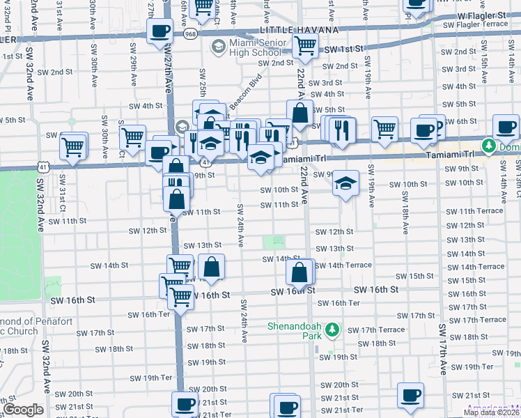 map of restaurants, bars, coffee shops, grocery stores, and more near 2340 Southwest 11th Street in Miami