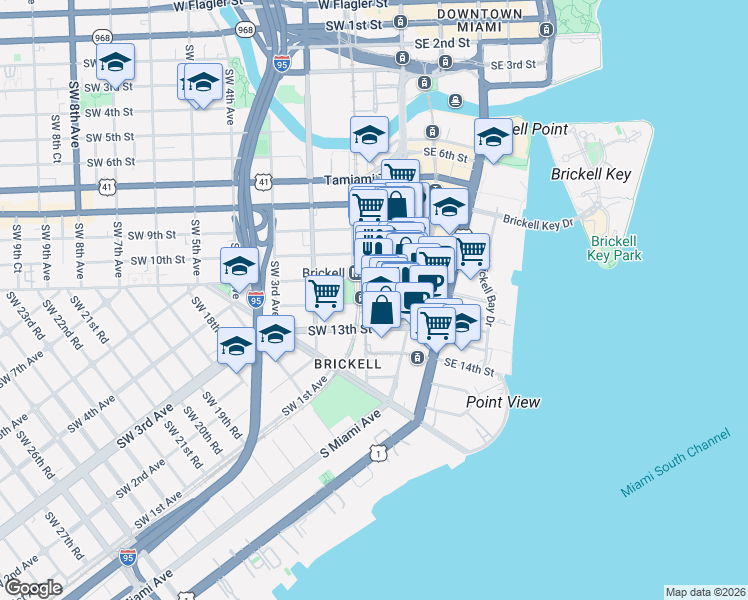map of restaurants, bars, coffee shops, grocery stores, and more near 70 Southwest 12th Street in Miami