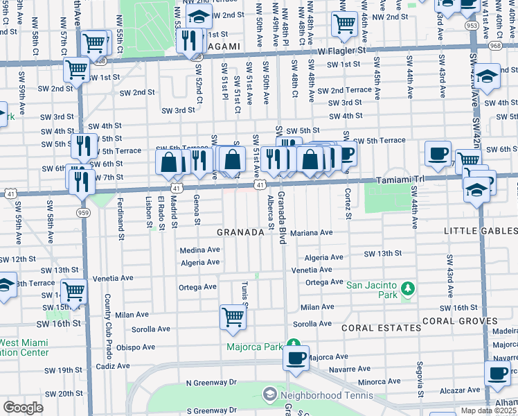map of restaurants, bars, coffee shops, grocery stores, and more near 840 Granada Groves Court in Coral Gables