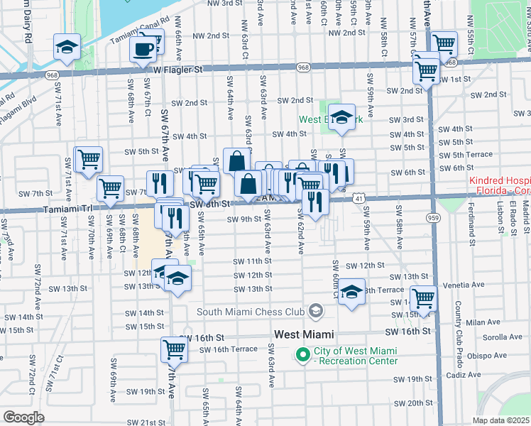 map of restaurants, bars, coffee shops, grocery stores, and more near 6320 Southwest 8th Street in West Miami