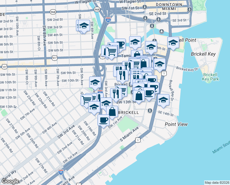 map of restaurants, bars, coffee shops, grocery stores, and more near 221 Southwest 12th Street in Miami