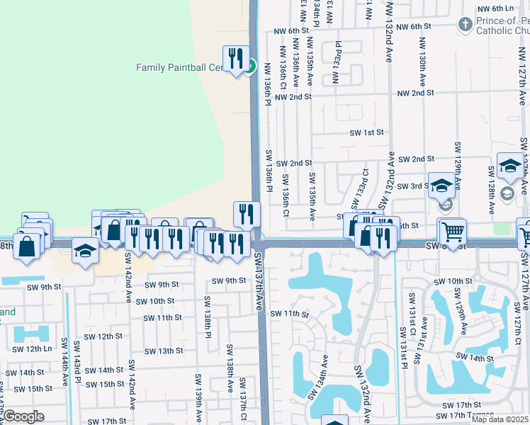 map of restaurants, bars, coffee shops, grocery stores, and more near 460 Southwest 136th Place in Miami