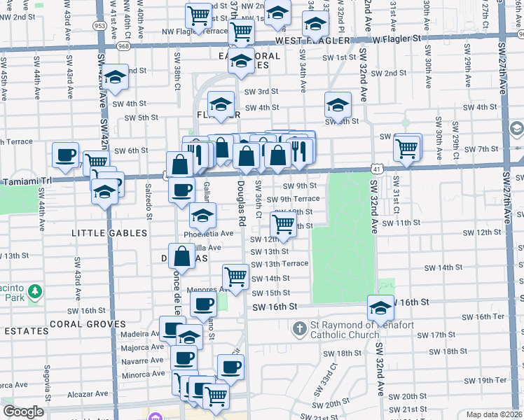 map of restaurants, bars, coffee shops, grocery stores, and more near 990 Southwest 36th Court in Miami