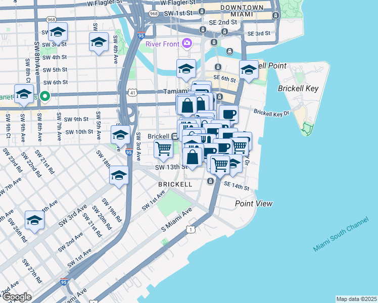 map of restaurants, bars, coffee shops, grocery stores, and more near 79 Southwest 12th Street in Miami