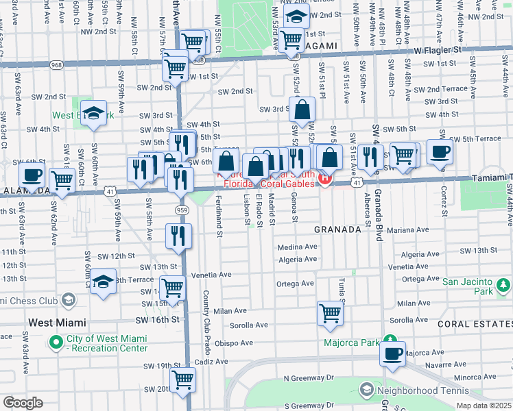 map of restaurants, bars, coffee shops, grocery stores, and more near 833 El Rado Street in Coral Gables