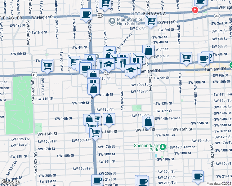 map of restaurants, bars, coffee shops, grocery stores, and more near 2414 Southwest 11th Street in Miami