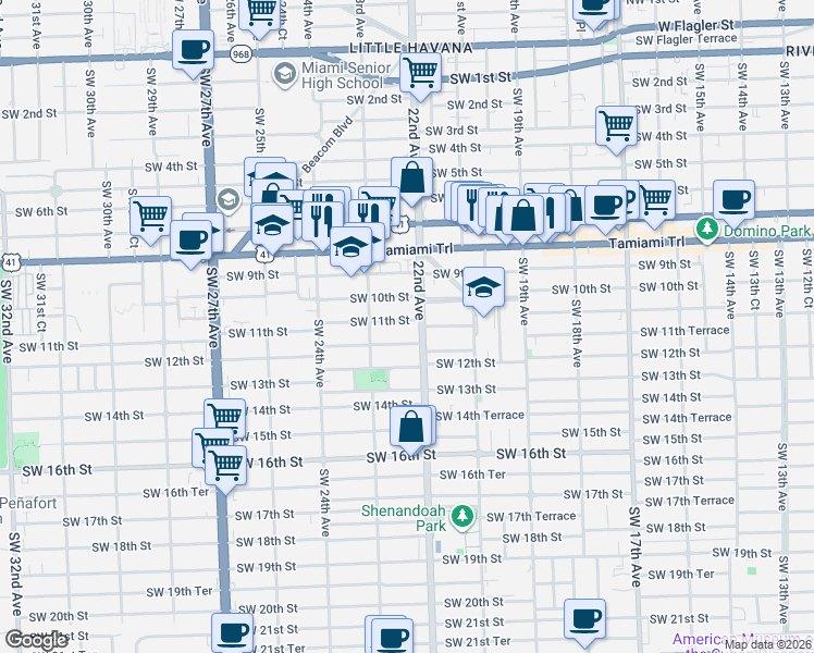 map of restaurants, bars, coffee shops, grocery stores, and more near 2176 Southwest 11th Street in Miami