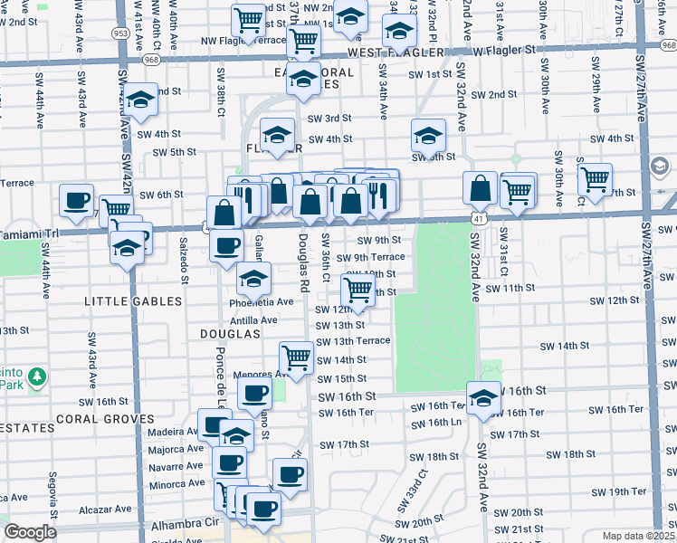 map of restaurants, bars, coffee shops, grocery stores, and more near 3600 Southwest 10th Street in Miami