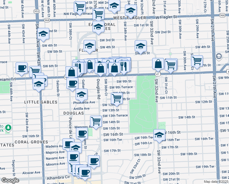map of restaurants, bars, coffee shops, grocery stores, and more near 3600 Southwest 10th Street in Miami