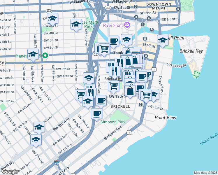 map of restaurants, bars, coffee shops, grocery stores, and more near 1180 Southwest 2nd Avenue in Miami