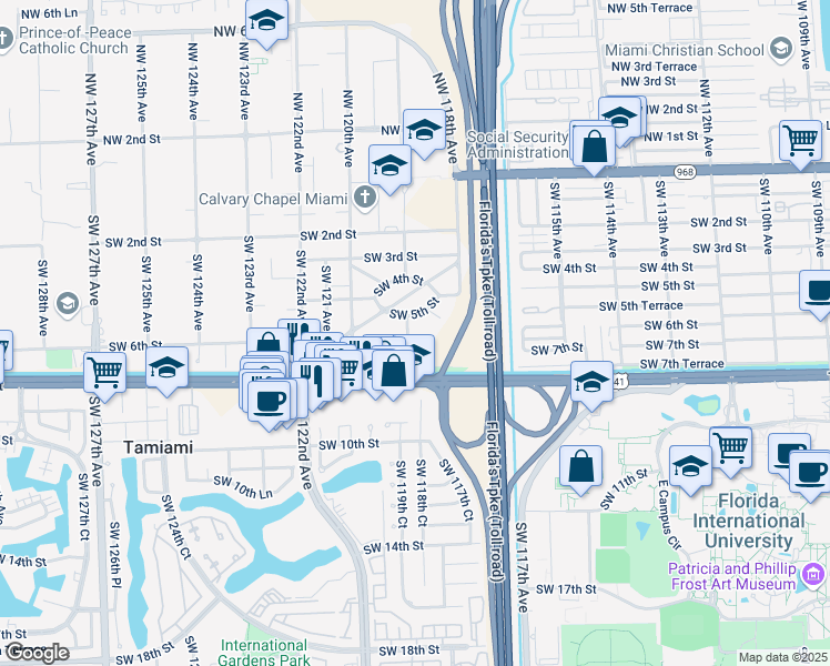 map of restaurants, bars, coffee shops, grocery stores, and more near 11875 Southwest 6th Street in Miami