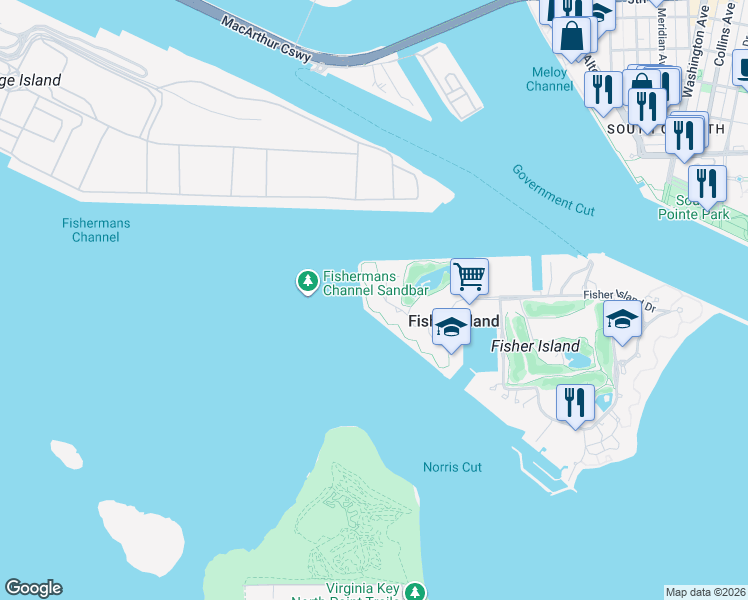 map of restaurants, bars, coffee shops, grocery stores, and more near 7021 Fisher Island Drive in Miami Beach