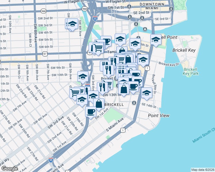 map of restaurants, bars, coffee shops, grocery stores, and more near 181 Southwest 12th Street in Miami