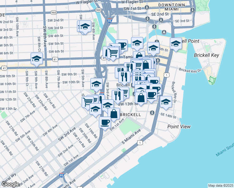 map of restaurants, bars, coffee shops, grocery stores, and more near 1180 Southwest 2nd Avenue in Miami