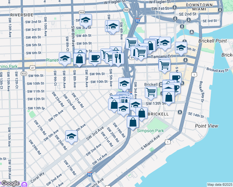 map of restaurants, bars, coffee shops, grocery stores, and more near in Miami