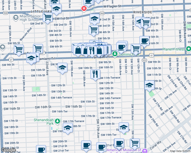 map of restaurants, bars, coffee shops, grocery stores, and more near 1721 Southwest 11th Terrace in Miami