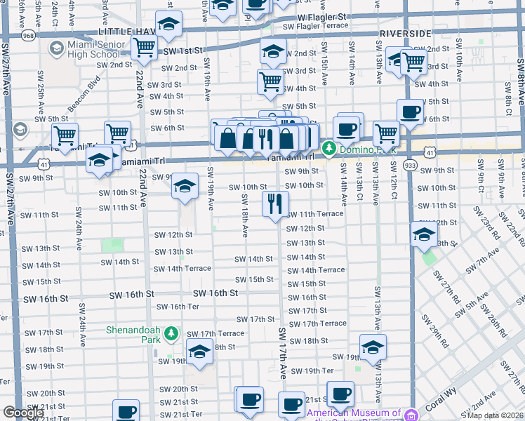 map of restaurants, bars, coffee shops, grocery stores, and more near 1721 Southwest 11th Terrace in Miami