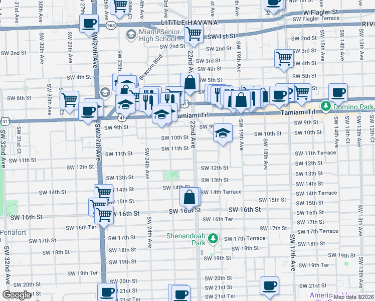 map of restaurants, bars, coffee shops, grocery stores, and more near 2176 Southwest 11th Street in Miami