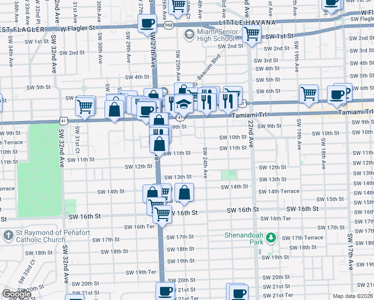 map of restaurants, bars, coffee shops, grocery stores, and more near 291 Southwest 11th Street in Miami