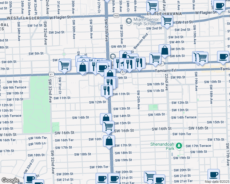 map of restaurants, bars, coffee shops, grocery stores, and more near 2661 Southwest 11th Street in Miami