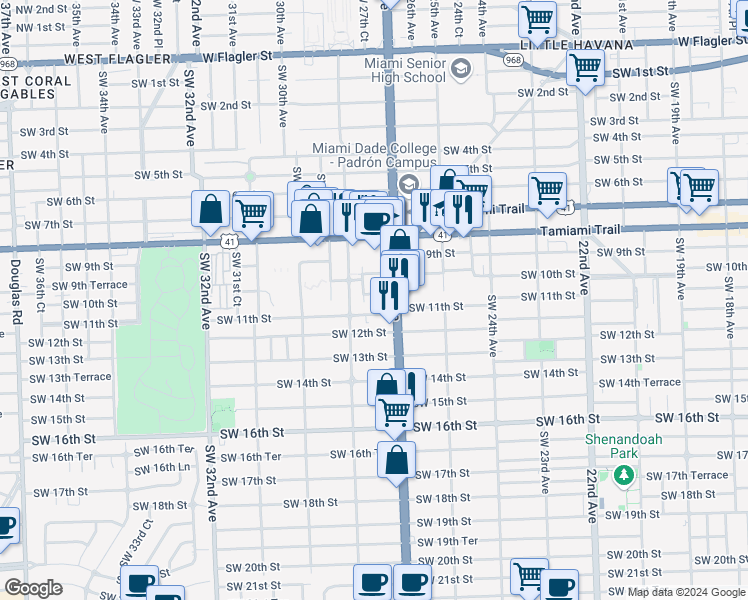 map of restaurants, bars, coffee shops, grocery stores, and more near 2750 Southwest 10th Terrace in Miami