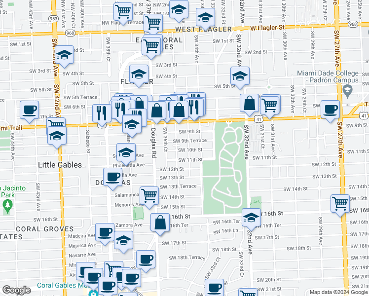 map of restaurants, bars, coffee shops, grocery stores, and more near 3600 Southwest 10th Street in Miami