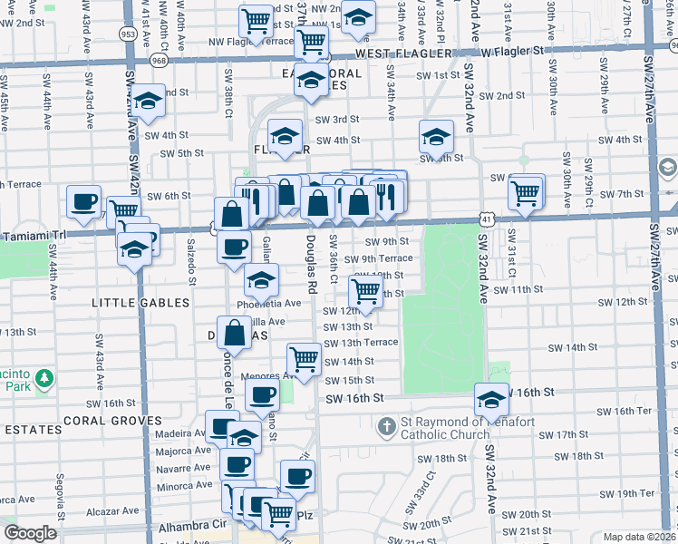 map of restaurants, bars, coffee shops, grocery stores, and more near 990 Southwest 36th Court in Miami